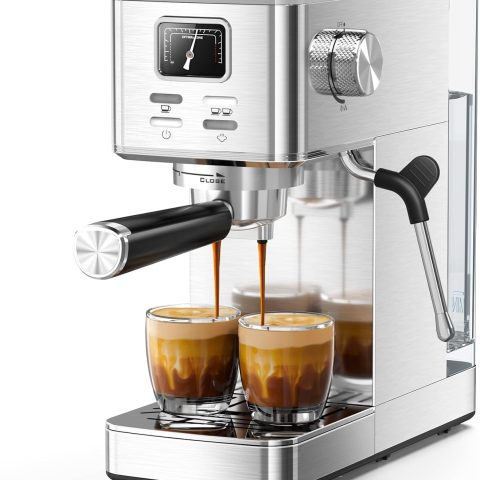 Semi-Automatic Espresso Machine, 20 Bar Stainless Steel Espresso Machine with Pressure Gauge, Steam Milk Frother, Hot Water Function, Removable Water Tank & Cup Warmer