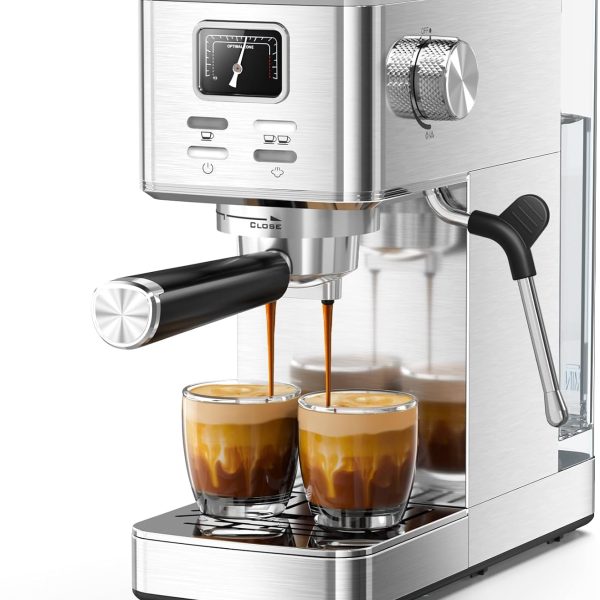 Semi-Automatic Espresso Machine, 20 Bar Stainless Steel Espresso Machine with Pressure Gauge, Steam Milk Frother, Hot Water Function, Removable Water Tank & Cup Warmer
