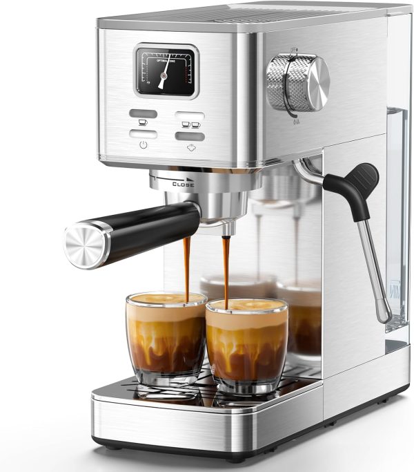 Semi-Automatic Espresso Machine, 20 Bar Stainless Steel Espresso Machine with Pressure Gauge, Steam Milk Frother, Hot Water Function, Removable Water Tank & Cup Warmer
