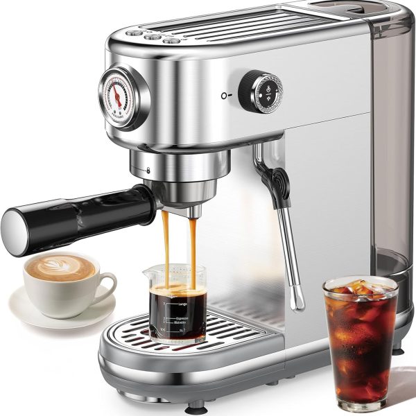 Espresso Machine with Milk Frother, 20 Bar High Pressure Professional Espresso Maker Automatic, Compact Stainless Steel Coffee Machine for Cappuccino, Latte, Gift for Coffee Lover, Silver