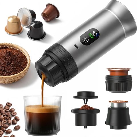 Portable Espresso Coffee Maker, Battery Operated Rechargeable Travel Coffee Machine, Self Heating Mini Coffee Maker for Camping & Car, Works with Ground Coffee & Capsules, 80ml