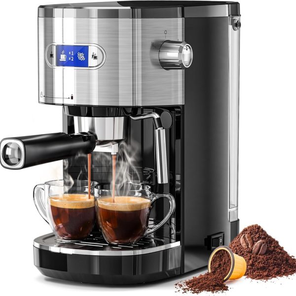 Espresso Machine, 20-Bar Professional Espresso Coffee Machine with Milk Frother & 45oz Removable Tank, Compact Stainless Steel Coffee Machine for Home, Latte, Cappuccino, Macchiato (Black)