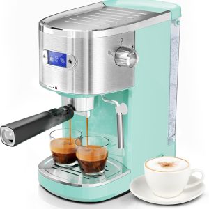 20 Bar Espresso Machine Semi-Automatic, Professional Coffee Maker with Milk Frother Steam Wand & 45OZ Removable Water Tank, Home Barista System for Cappuccino, Latte, Americano-Stainless Steel-Green