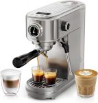 Programmable Espresso Machine, Brushed Stainless Steel, Adjustable Temperature and Cup Volume, Steam Wand for Milk Frother