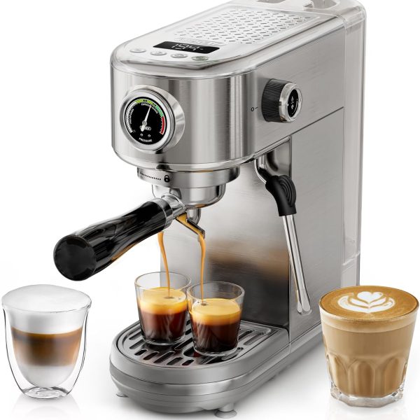 Programmable Espresso Machine, Brushed Stainless Steel, Adjustable Temperature and Cup Volume, Steam Wand for Milk Frother