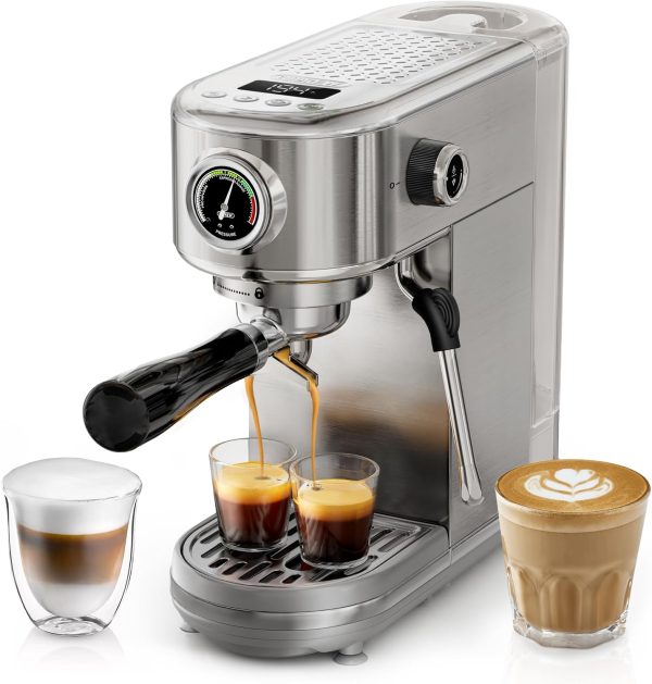 Programmable Espresso Machine, Brushed Stainless Steel, Adjustable Temperature and Cup Volume, Steam Wand for Milk Frother