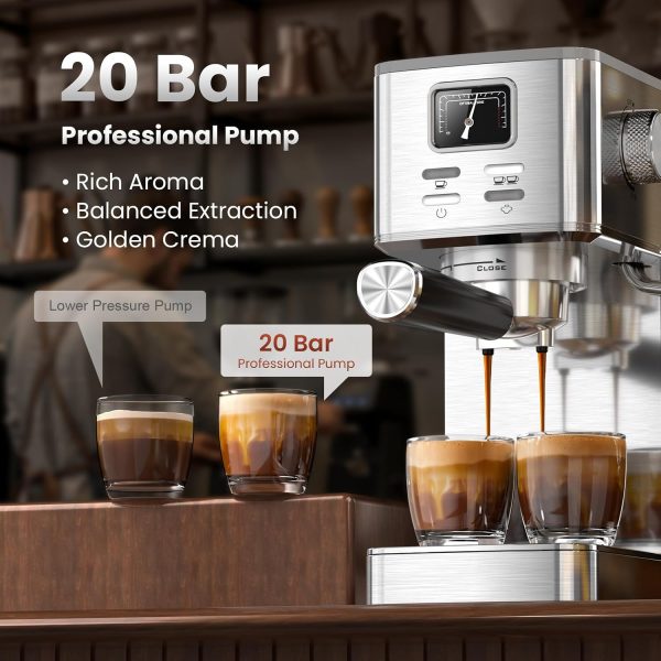 Semi-Automatic Espresso Machine, 20 Bar Stainless Steel Espresso Machine with Pressure Gauge, Steam Milk Frother, Hot Water Function, Removable Water Tank & Cup Warmer